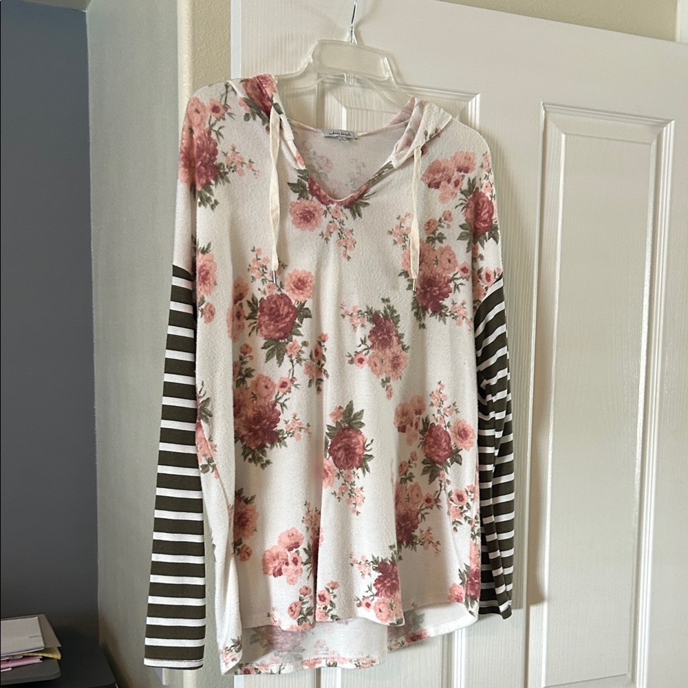 White Birch Floral Hoodie with Striped Sleeves